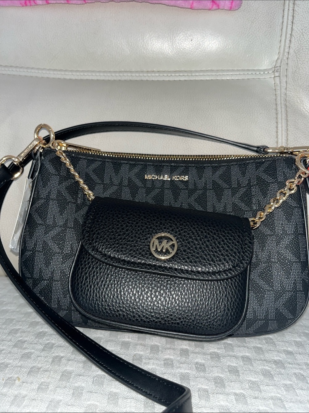 Michael Kors Black MK Logo Crossbody with Gold Chain and Detachable Pouch